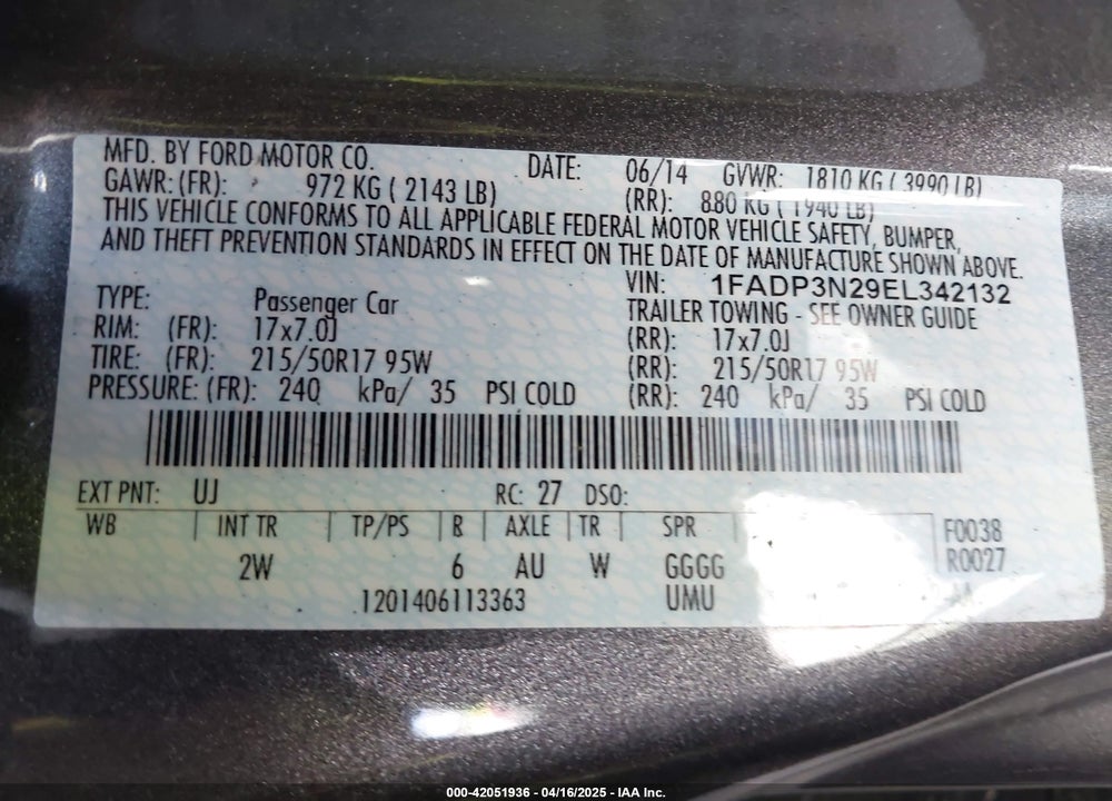 2014 FORD FOCUS VIN: 1FADP3N29EL342132