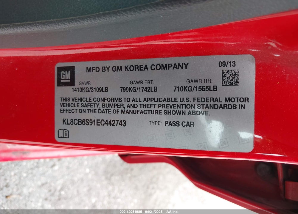 2014 CHEVROLET SPARK VIN: KL8CB6S91EC442743