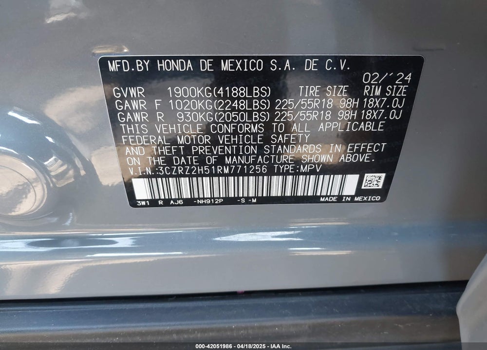 2024 HONDA HR-V VIN: 3CZRZ2H51RM771256