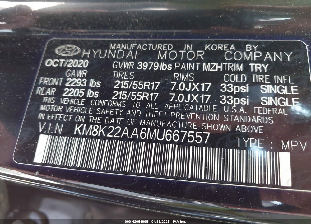 2021 HYUNDAI KONA VIN: KM8K22AA6MU667557