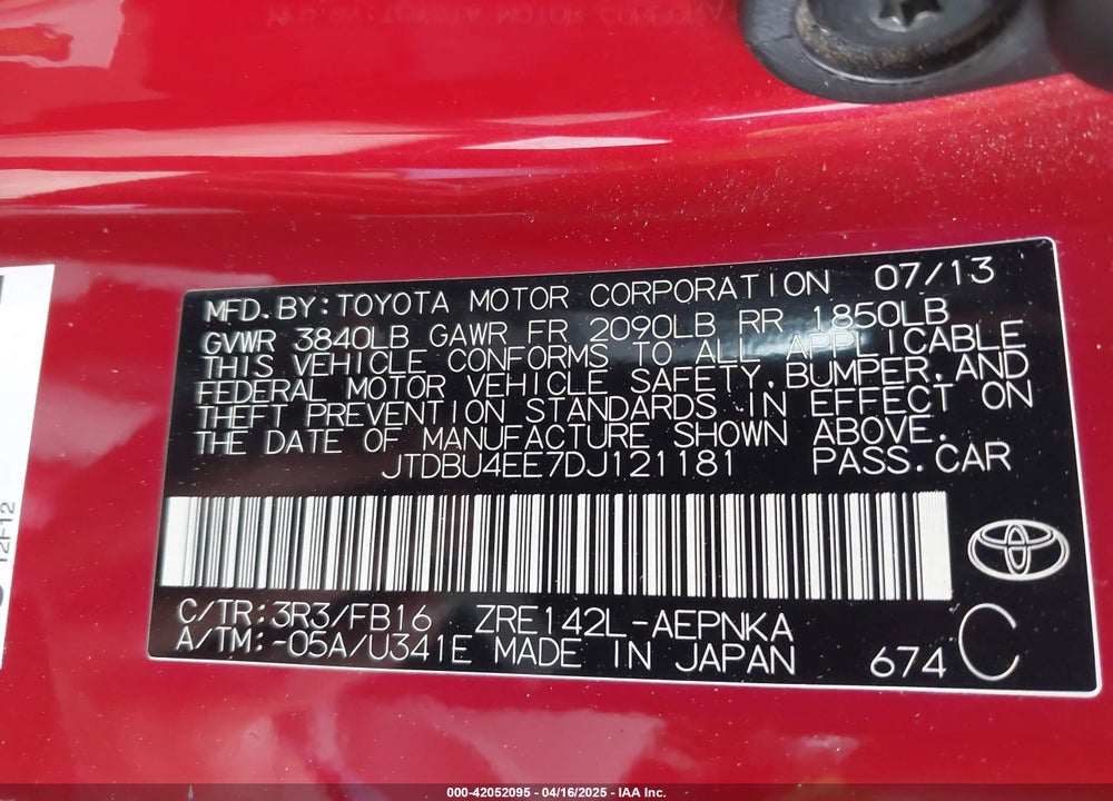 2013 TOYOTA COROLLA VIN: JTDBU4EE7DJ121181