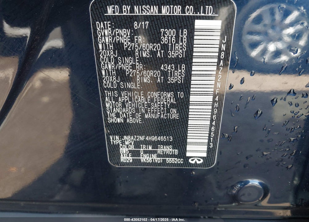 2017 INFINITI QX80 VIN: JN8AZ2NF4H9646513