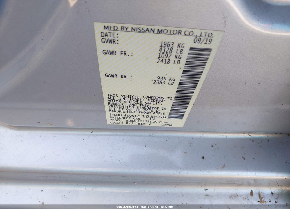 2020 NISSAN ALTIMA VIN: 1N4BL4EV9LC163668
