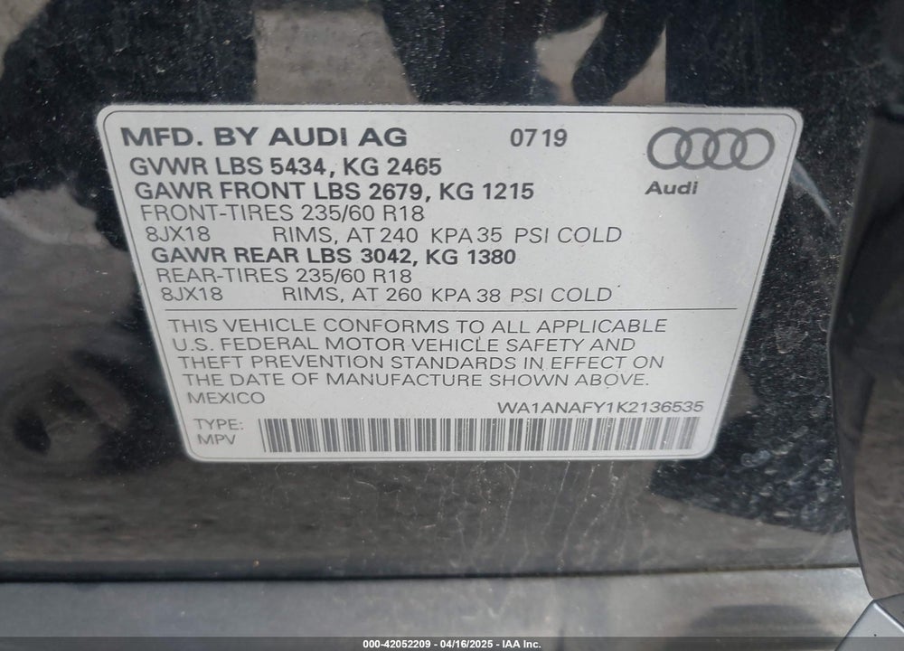 2019 AUDI Q5 45 PREMIUM VIN: WA1ANAFY1K2136535