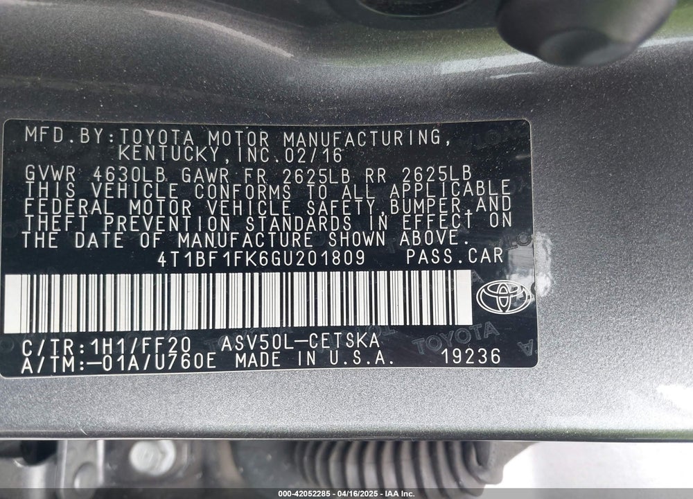 2016 TOYOTA CAMRY SE VIN: 4T1BF1FK6GU201809