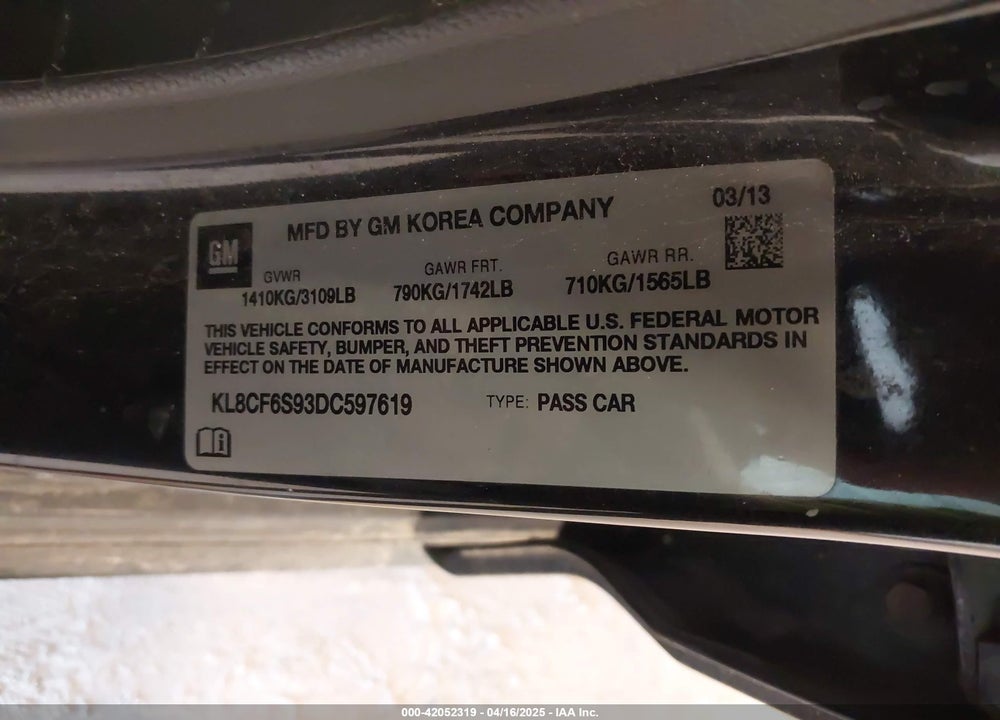 2013 CHEVROLET SPARK VIN: KL8CF6S93DC597619