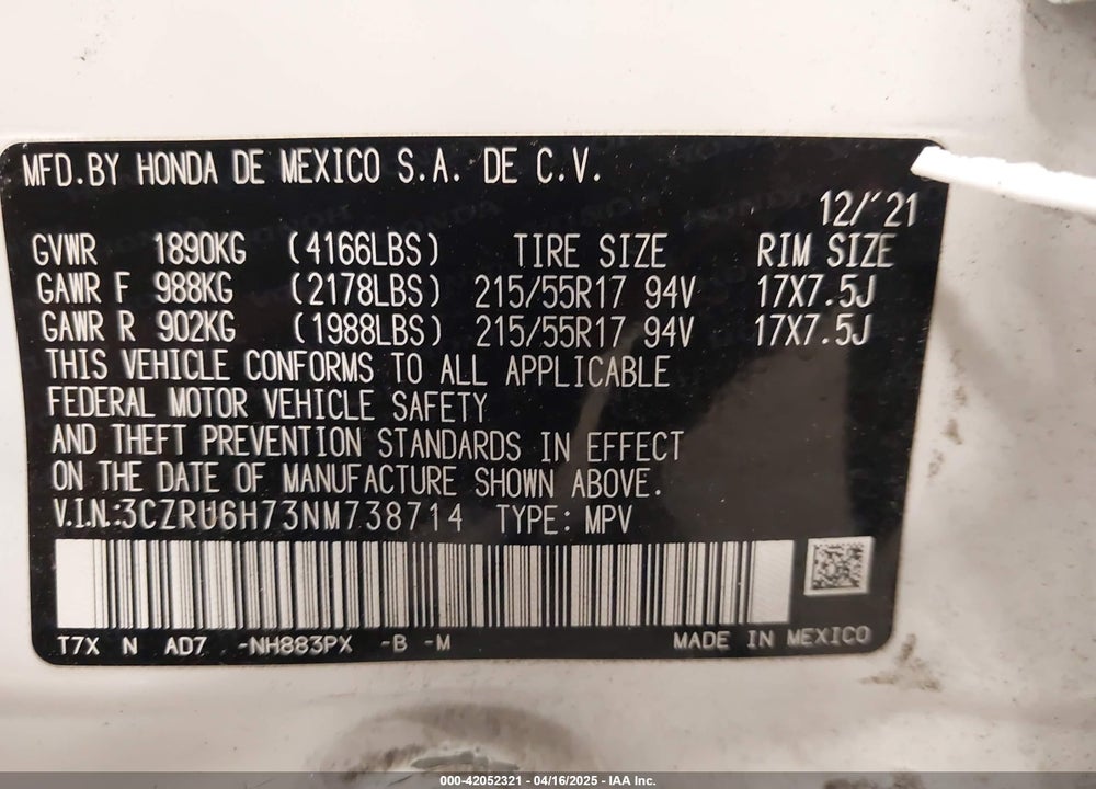 2022 HONDA HR-V VIN: 3CZRU6H73NM738714