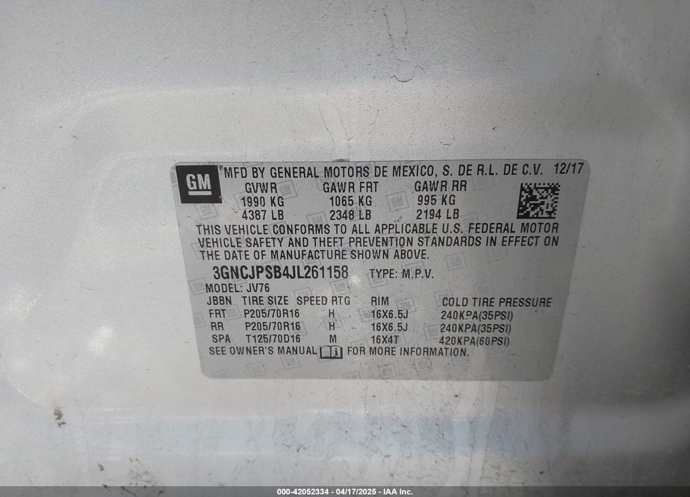 2018 CHEVROLET TRAX LT VIN: 3GNCJPSB4JL261158