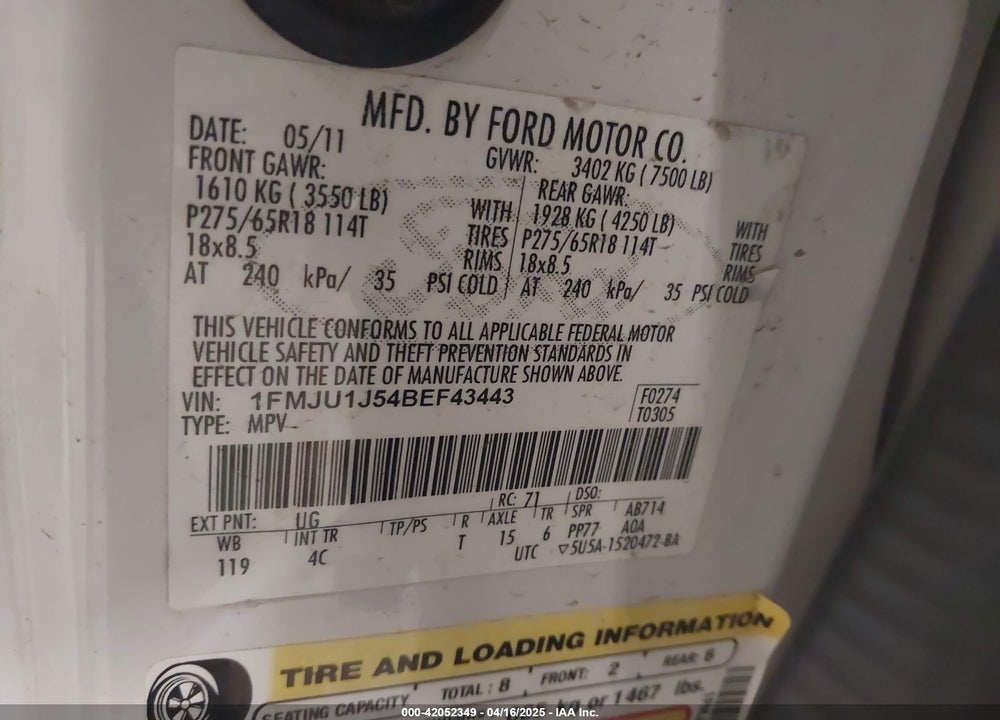 2011 FORD EXPEDITION XLT VIN: 1FMJU1J54BEF43443