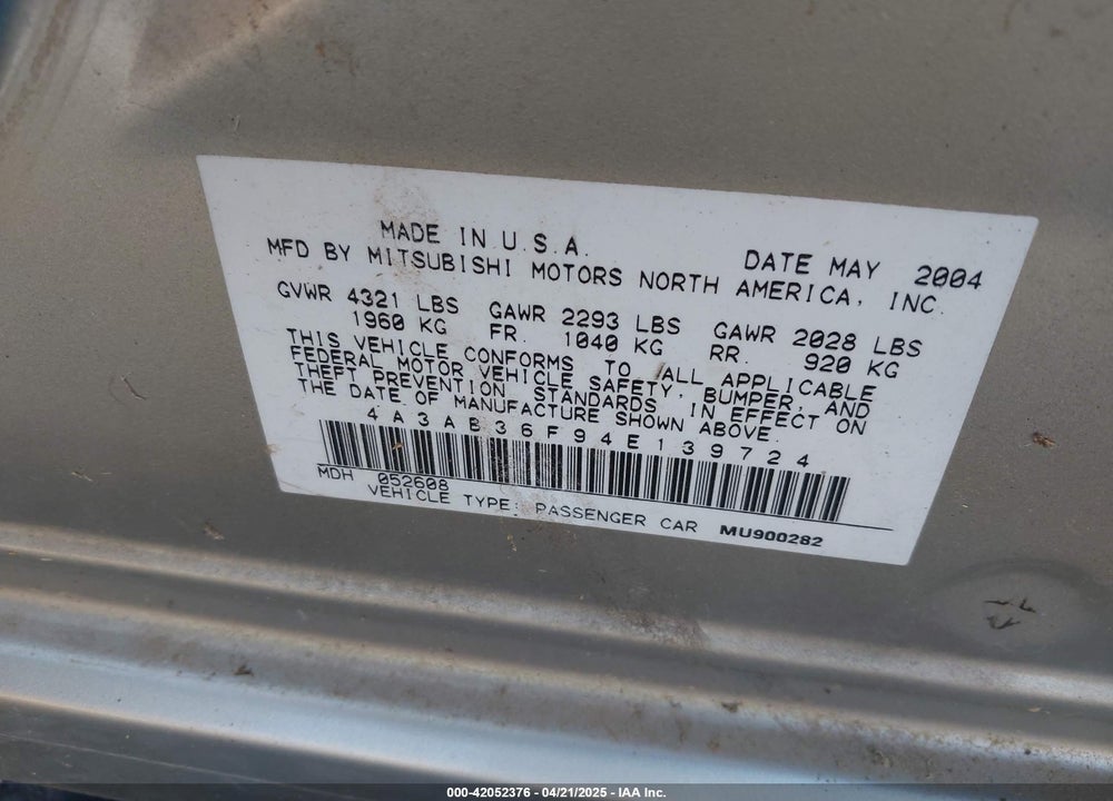 2004 MITSUBISHI GALANT ES VIN: 4A3AB36F94E139724