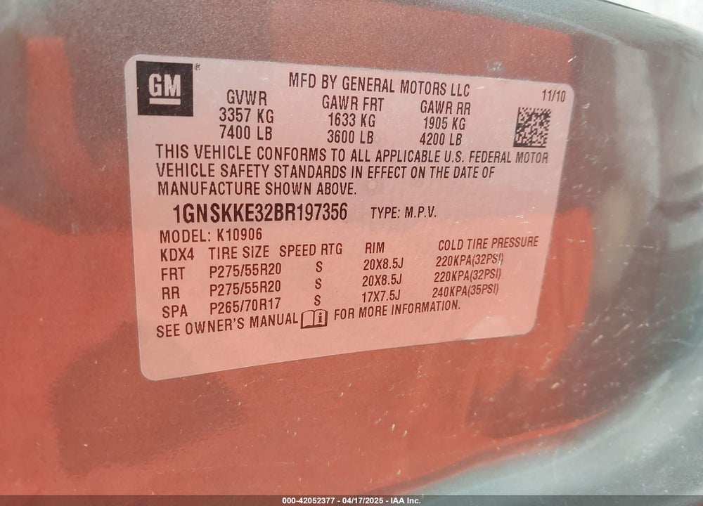 2011 CHEVROLET SUBURBAN 1500 LTZ VIN: 1GNSKKE32BR197356