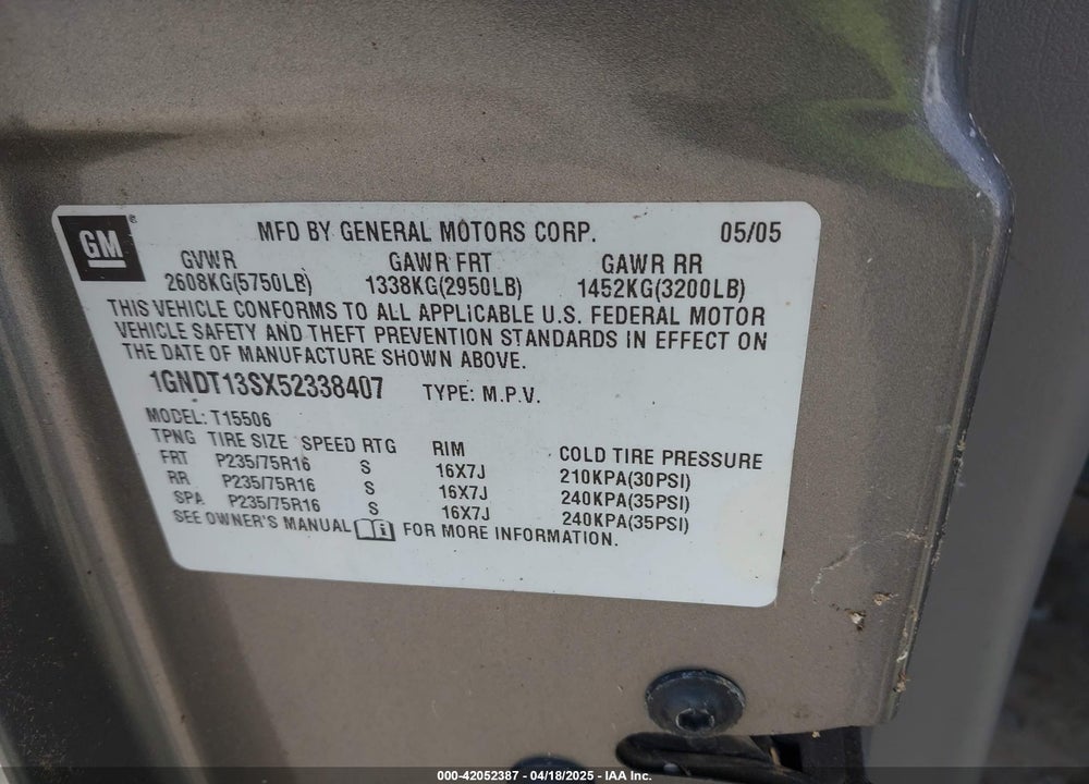 2005 CHEVROLET TRAILBLAZER LS VIN: 1GNDT13SX52338407
