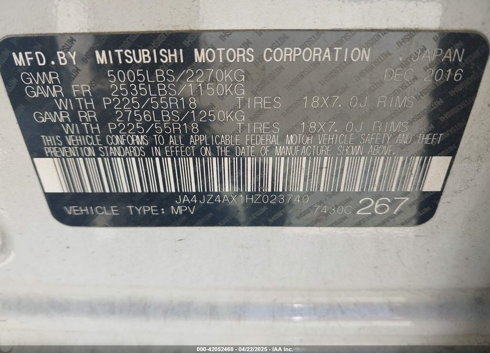 2017 MITSUBISHI OUTLANDER VIN: JA4JZ4AX1HZ023740