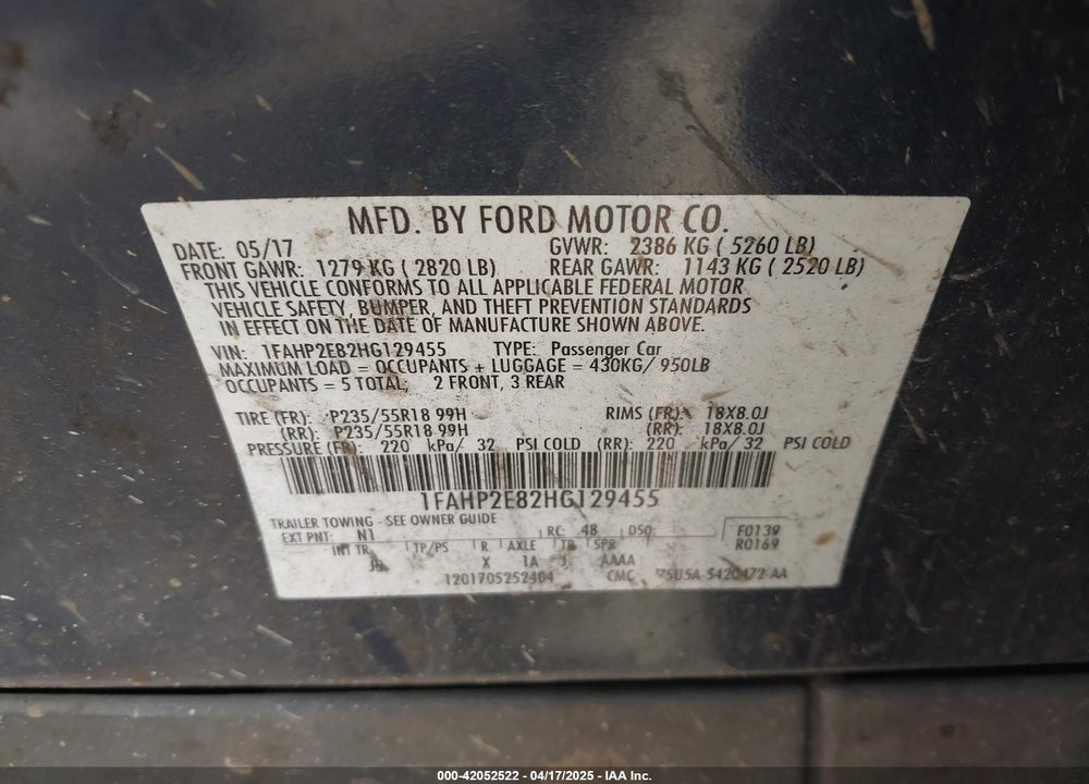 2017 FORD TAURUS SEL VIN: 1FAHP2E82HG129455