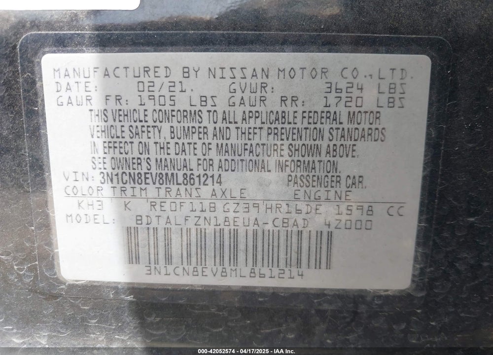2021 NISSAN VERSA VIN: 3N1CN8EV8ML861214