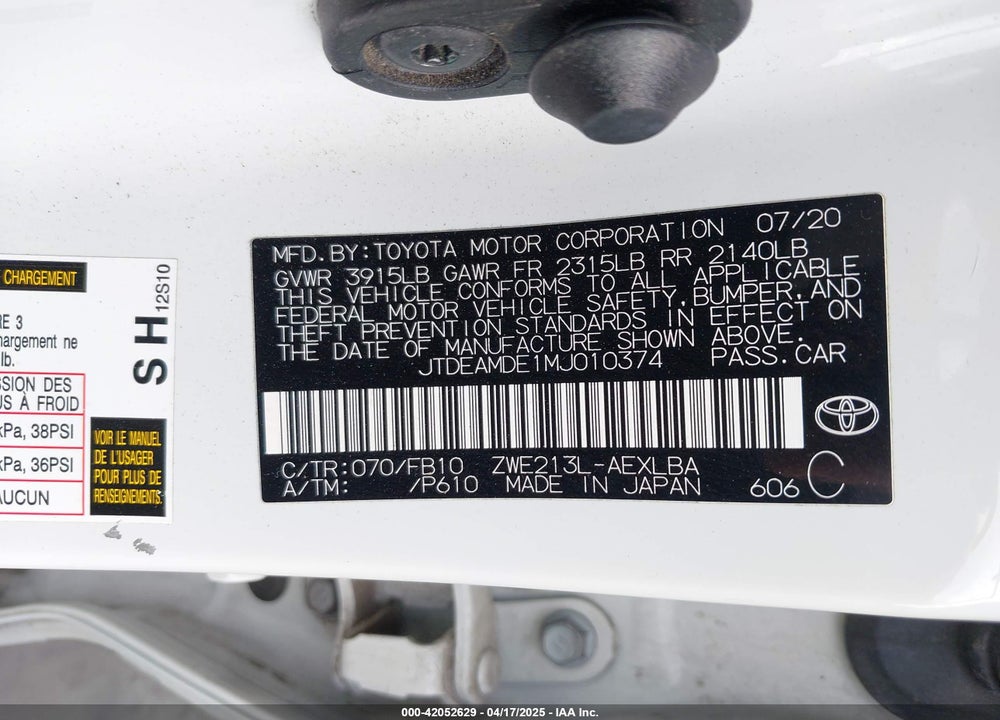 2021 TOYOTA COROLLA VIN: JTDEAMDE1MJ010374