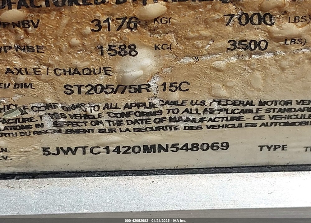 2021 H&H UTIL TRLR VIN: 5JWTC1420MN548069