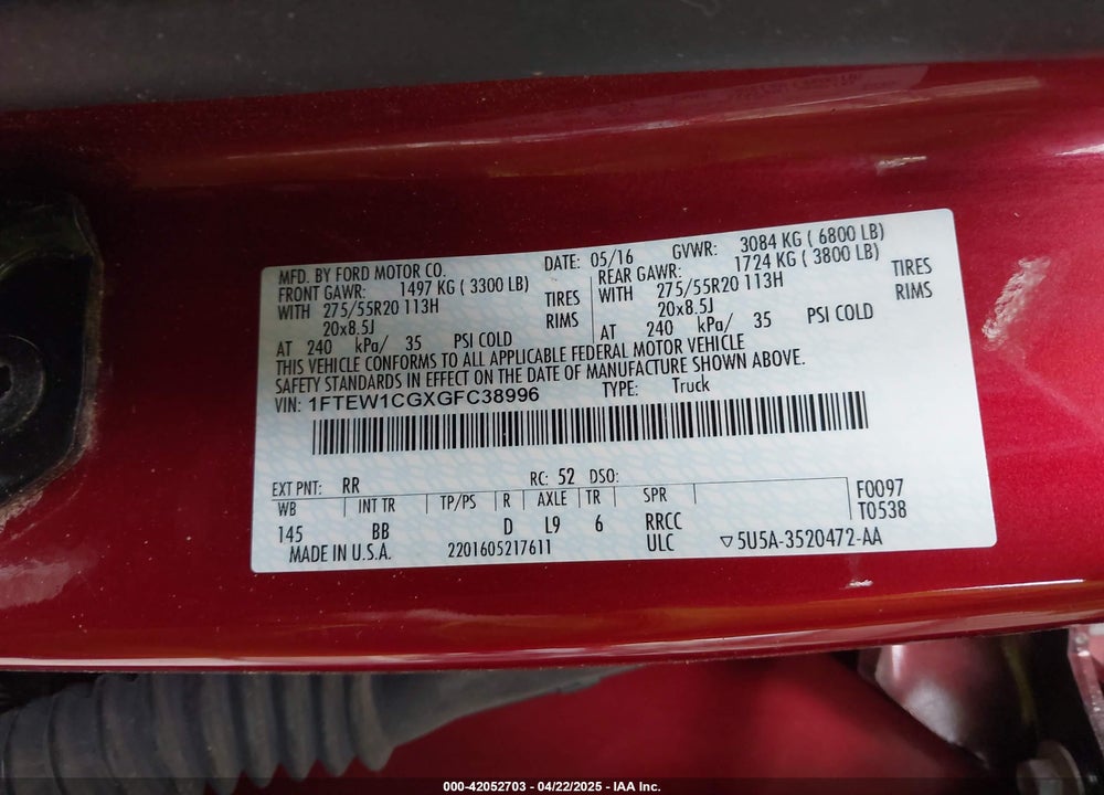 2016 FORD F-150 VIN: 1FTEW1CGXGFC38996