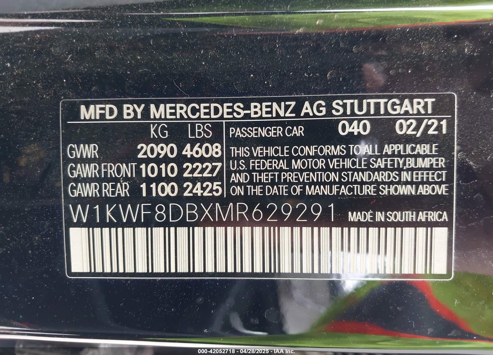 2021 MERCEDES-BENZ C 300 SEDAN VIN: W1KWF8DBXMR629291