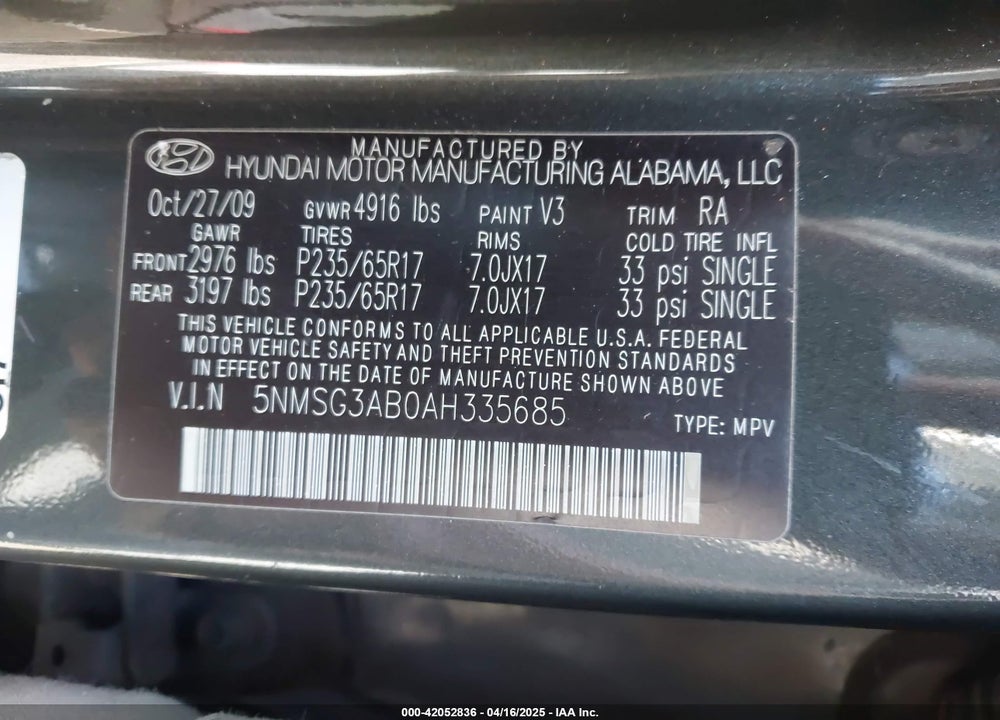 2010 HYUNDAI SANTA FE GLS VIN: 5NMSG3AB0AH335685
