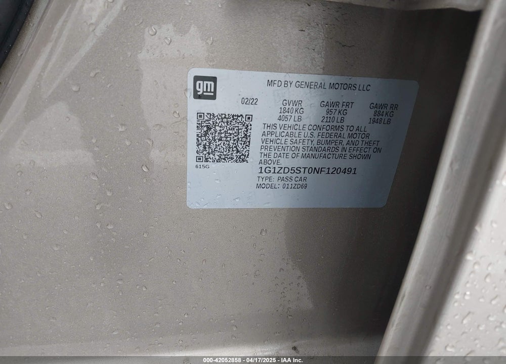 2022 CHEVROLET MALIBU VIN: 1G1ZD5ST0NF120491