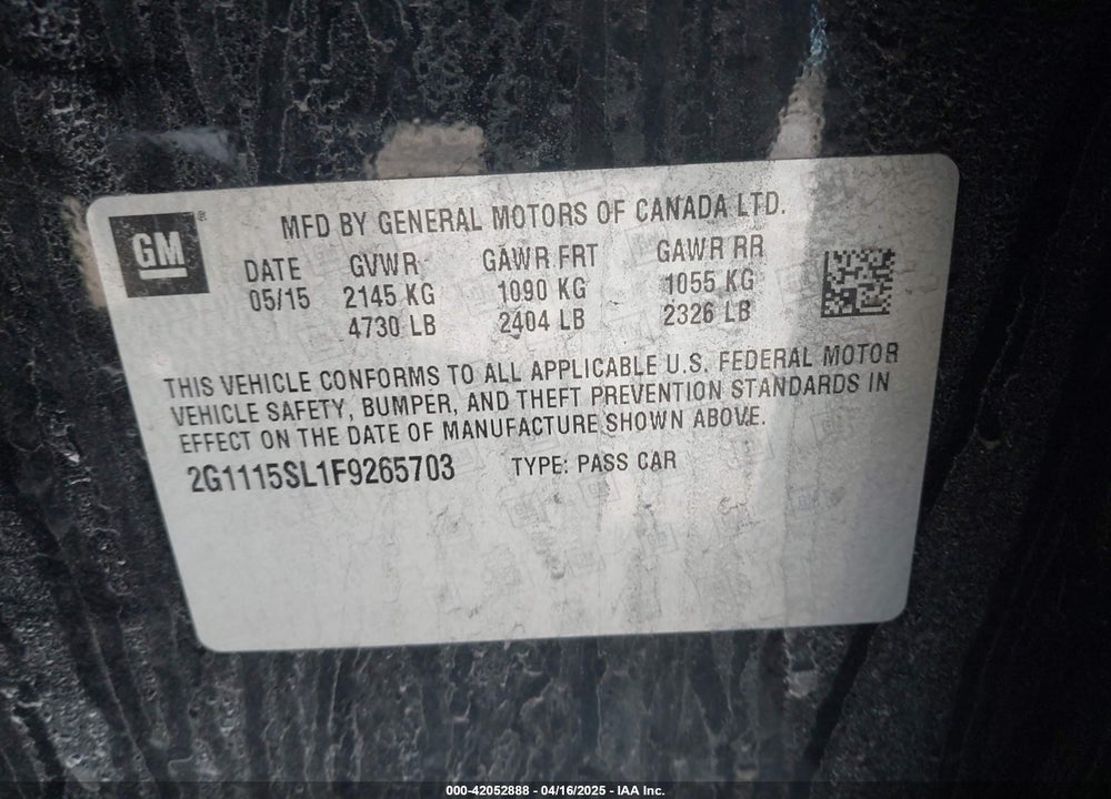 2015 CHEVROLET IMPALA VIN: 2G1115SL1F9265703