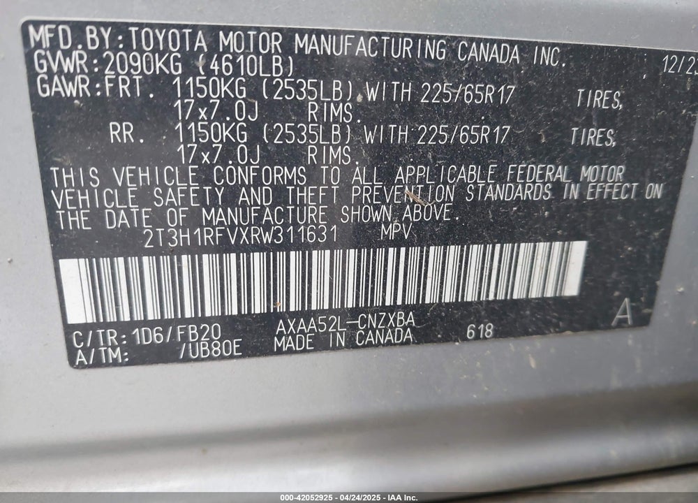 2024 TOYOTA RAV4 LE VIN: 2T3H1RFVXRW311631