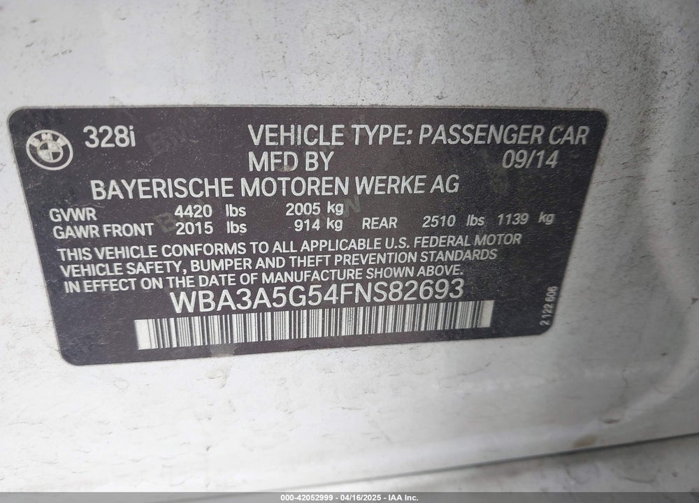 2015 BMW 3 SERIES VIN: WBA3A5G54FNS82693