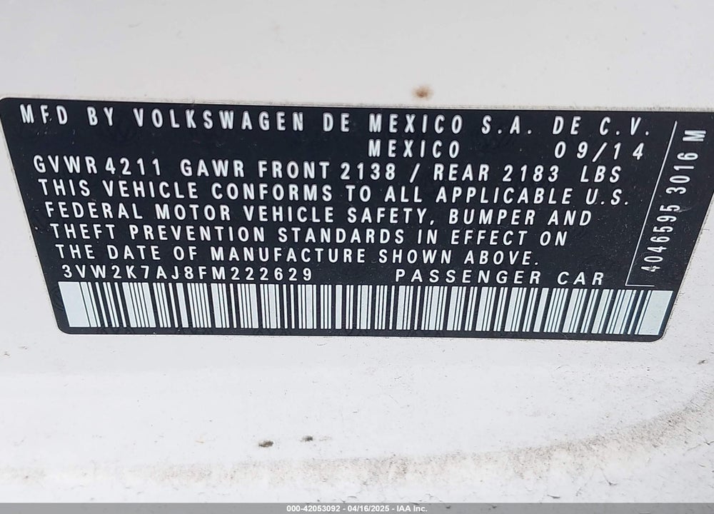 2015 VOLKSWAGEN JETTA VIN: 3VW2K7AJ8FM222629