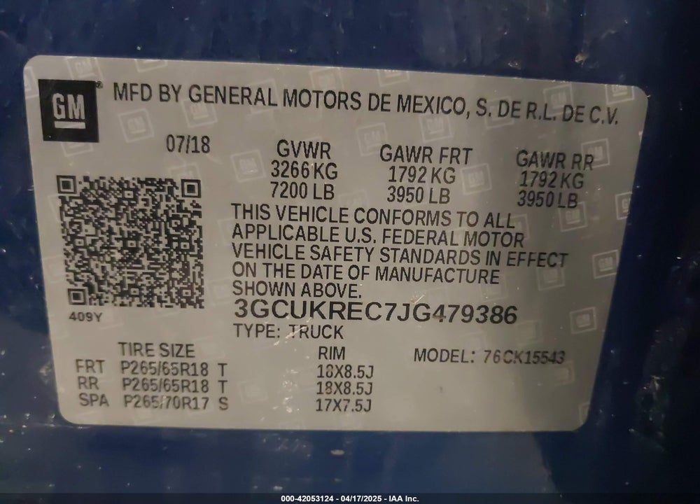 2018 CHEVROLET SILVERADO 1500 2LT VIN: 3GCUKREC7JG479386