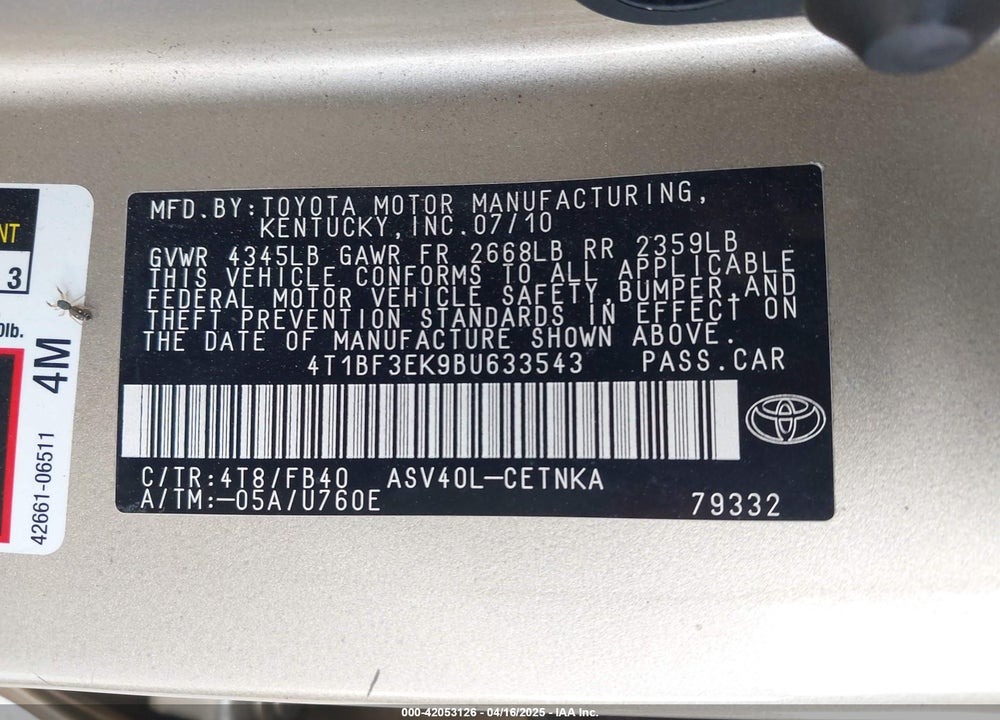 2011 TOYOTA CAMRY VIN: 4T1BF3EK9BU633543