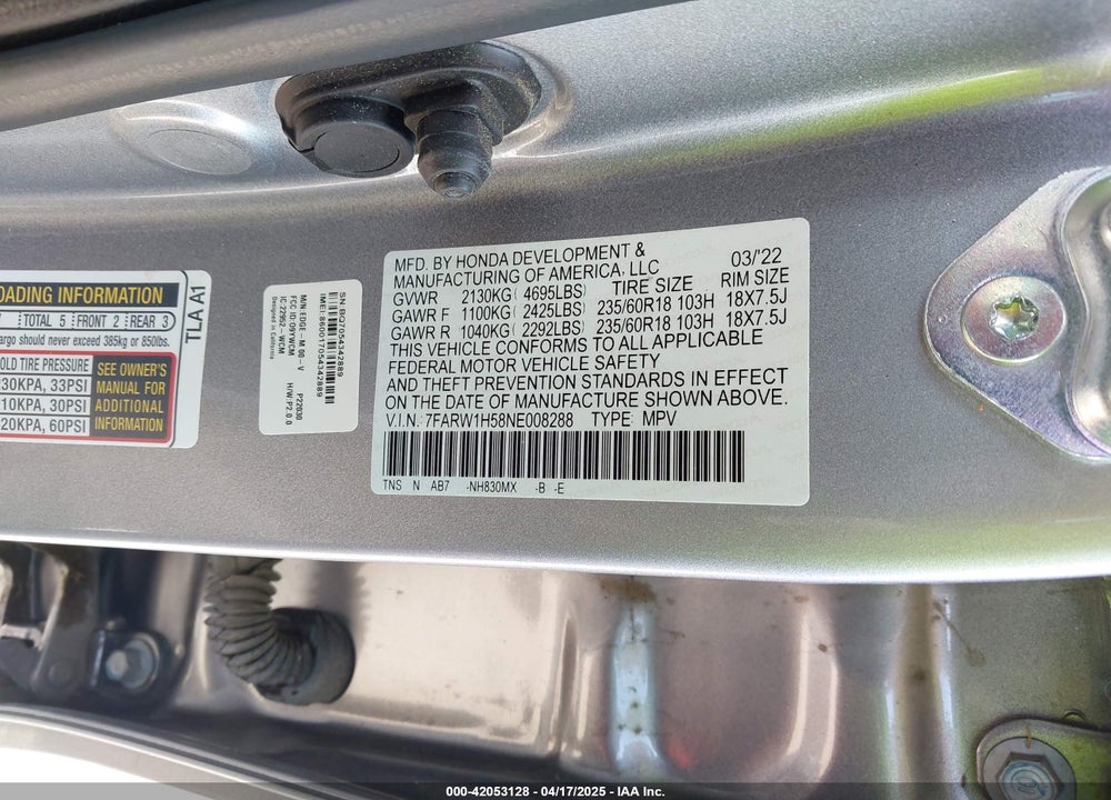 2022 HONDA CR-V VIN: 7FARW1H58NE008288