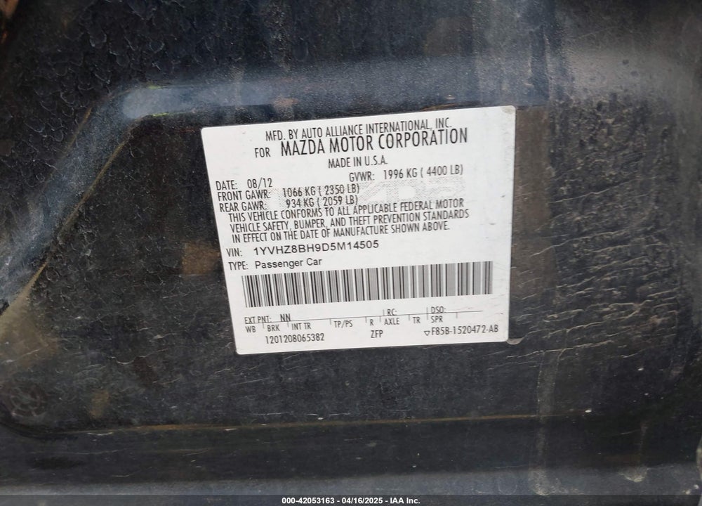 2013 MAZDA MAZDA6 VIN: 1YVHZ8BH9D5M14505