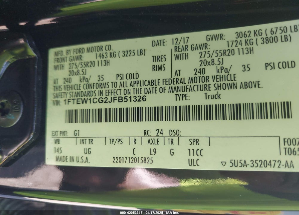 2018 FORD F150 VIN: 1FTEW1CG2JFB51326