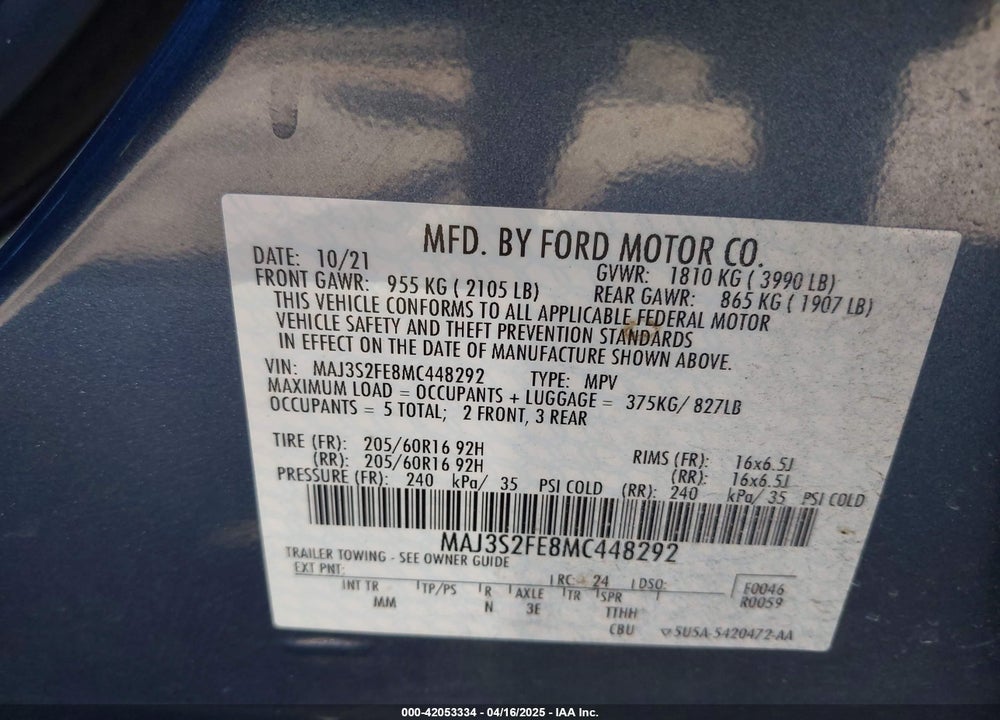 2021 FORD ECOSPORT VIN: MAJ3S2FE8MC448292