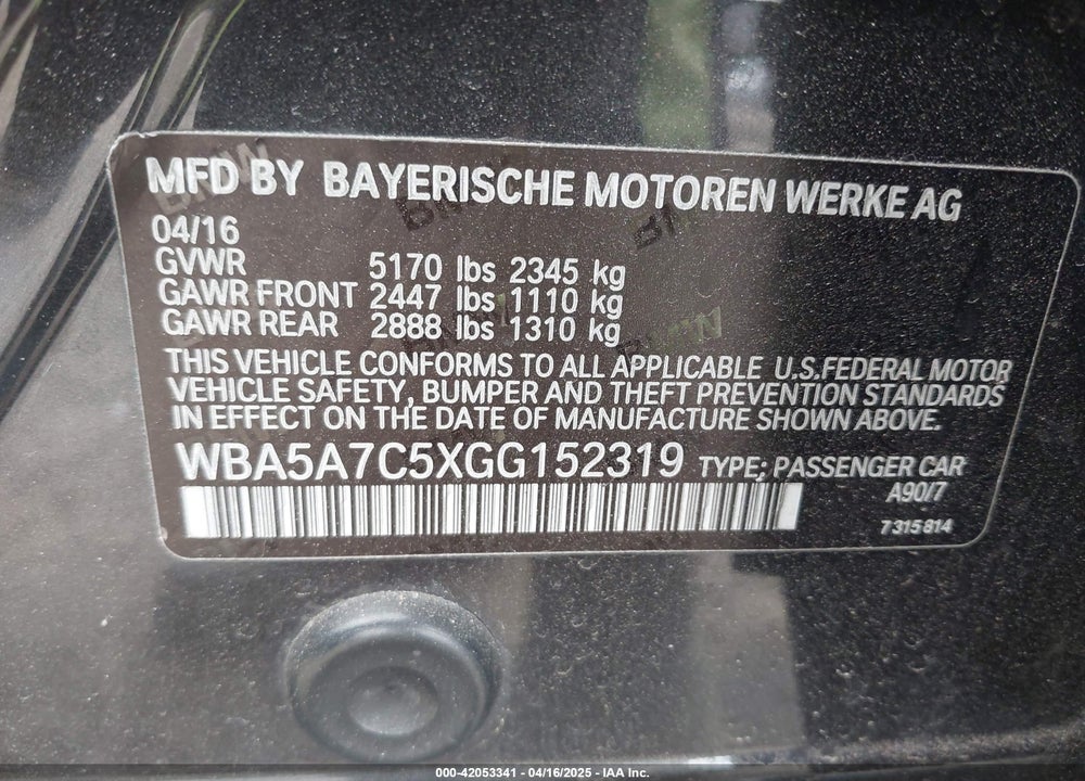 2016 BMW 5 SERIES VIN: WBA5A7C5XGG152319