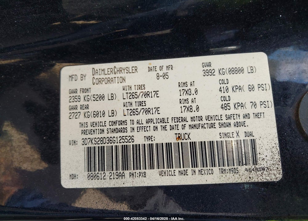 2006 DODGE RAM 2500 VIN: 3D7KS28D36G125526