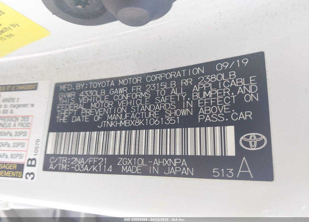 2019 TOYOTA C-HR XLE VIN: JTNKHMBX8K1061351