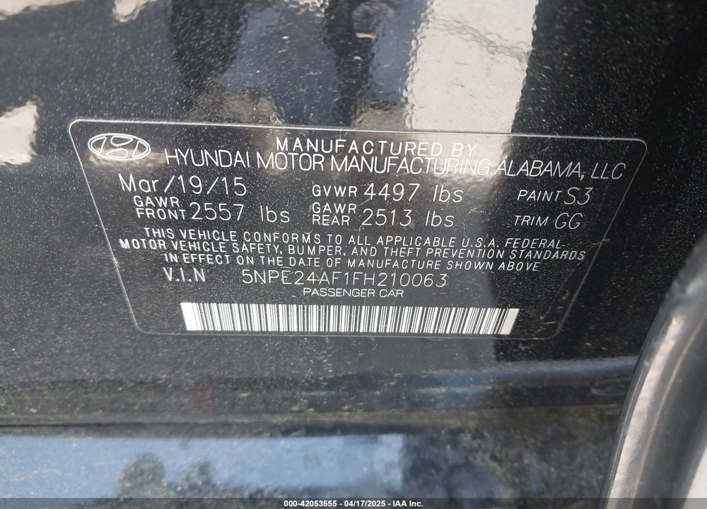 2015 HYUNDAI SONATA VIN: 5NPE24AF1FH210063