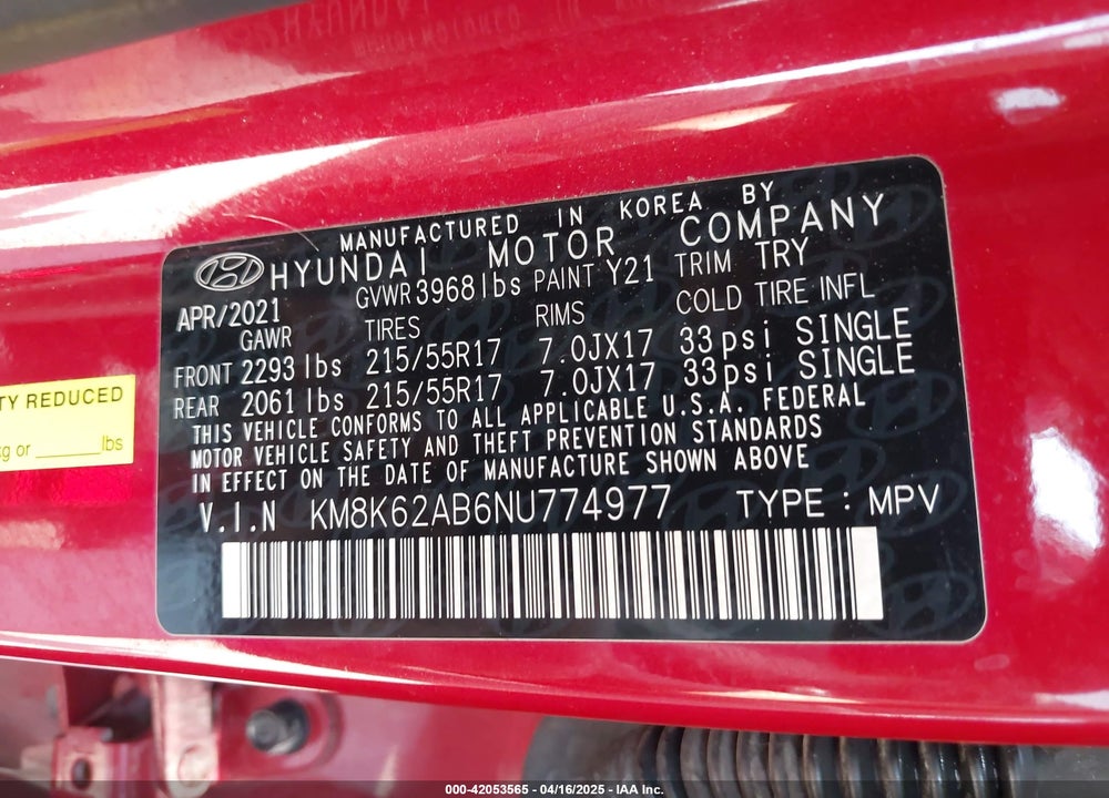 2022 HYUNDAI KONA VIN: KM8K62AB6NU774977