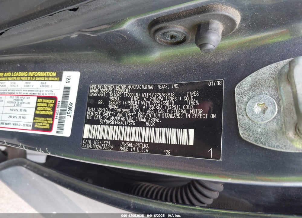 2008 TOYOTA TUNDRA LIMITED 5.7L V8 VIN: 5TFDV58148X047676
