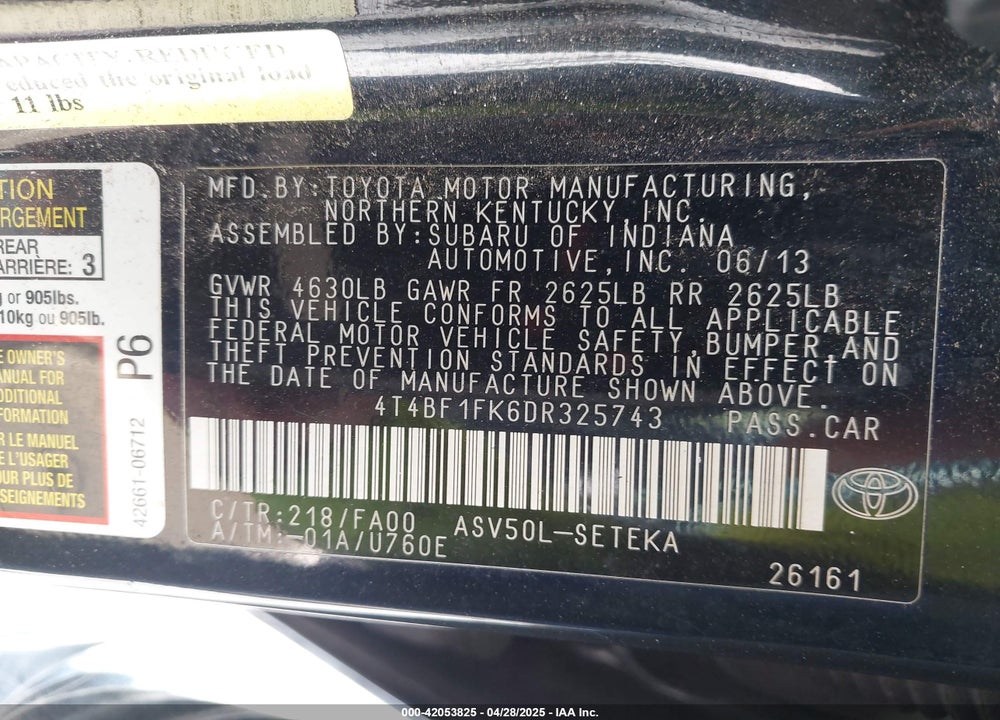 2013 TOYOTA CAMRY VIN: 4T4BF1FK6DR325743