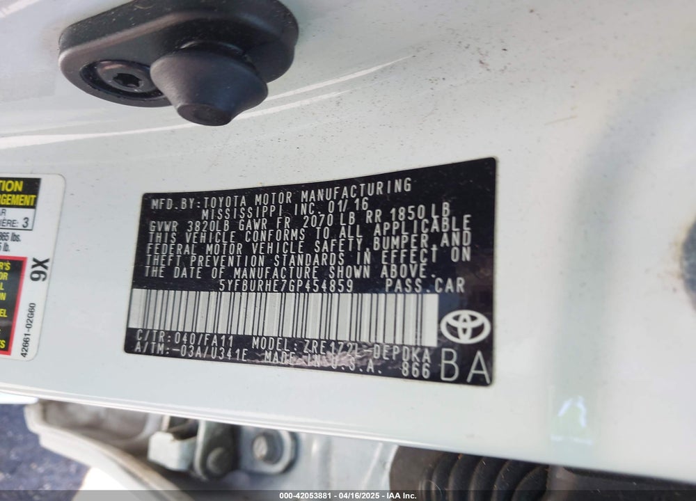 2016 TOYOTA COROLLA VIN: 5YFBURHE7GP454859
