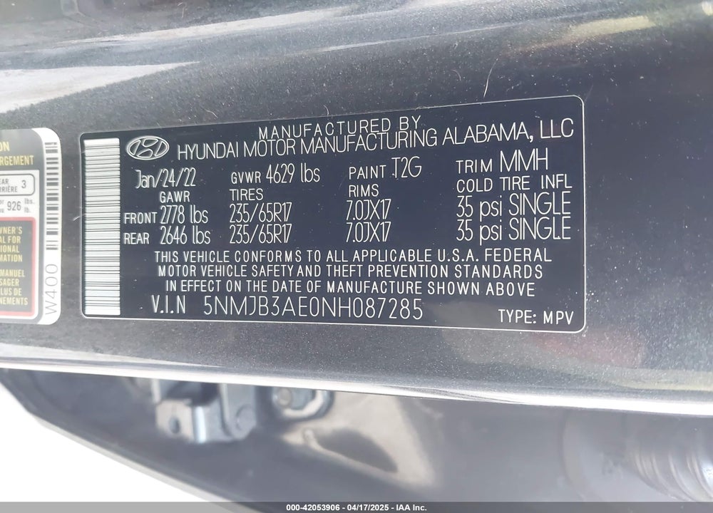 2022 HYUNDAI TUCSON VIN: 5NMJB3AE0NH087285