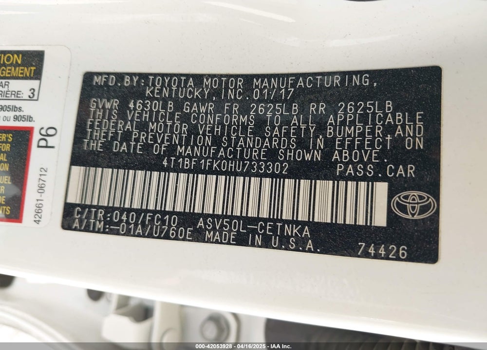 2017 TOYOTA CAMRY LE VIN: 4T1BF1FK0HU733302