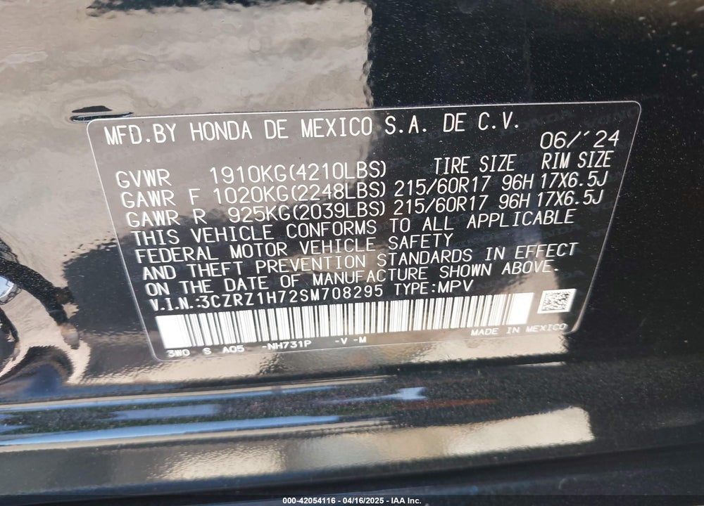 2025 HONDA HR-V VIN: 3CZRZ1H72SM708295