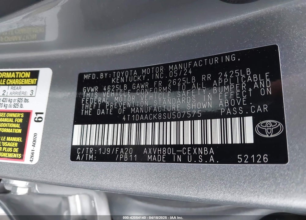 2025 TOYOTA CAMRY VIN: 4T1DAACK8SU507575