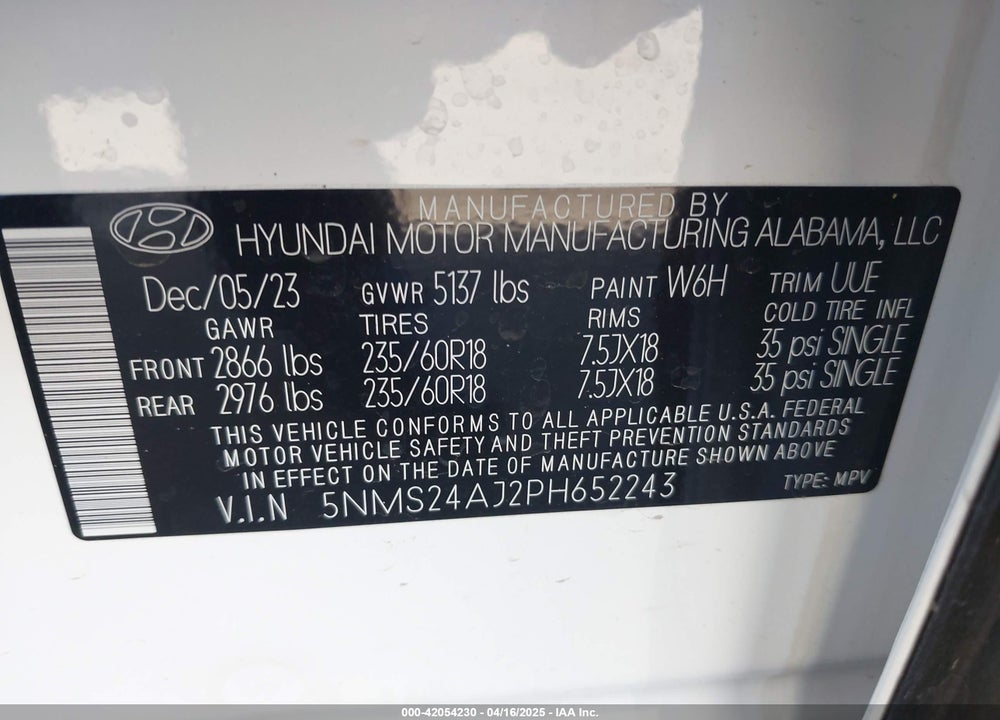 2023 HYUNDAI SANTA FE VIN: 5NMS24AJ2PH652243