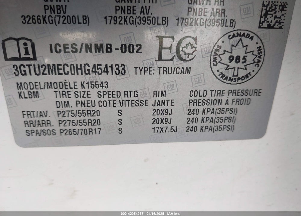 2017 GMC SIERRA 1500 VIN: 3GTU2MEC0HG454133