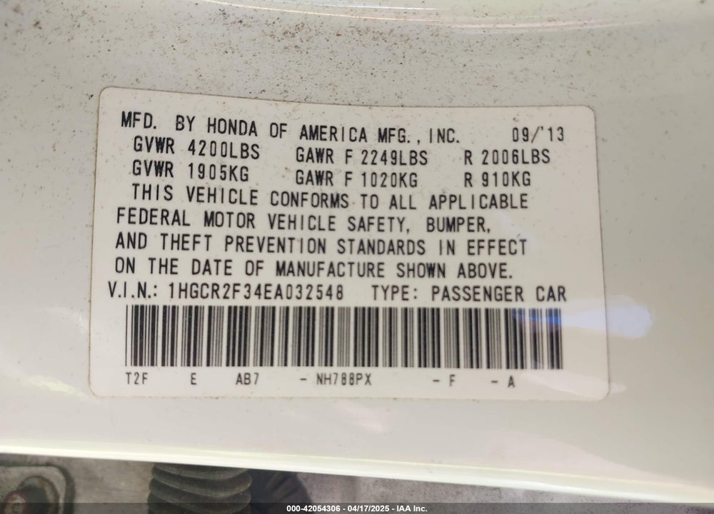 2014 HONDA ACCORD VIN: 1HGCR2F34EA032548
